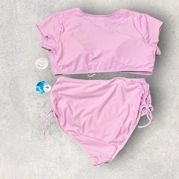 New Decree French Orchid Ruched High Rise Bikini Set Pink Bottom 0X Top 1X - Picture 2 of 10
